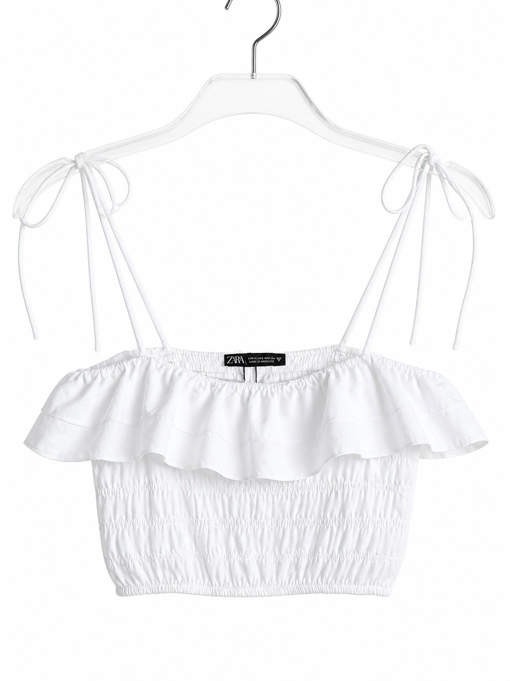 Zara White Ruffled Tie-Shoulder Smocked Crop Top